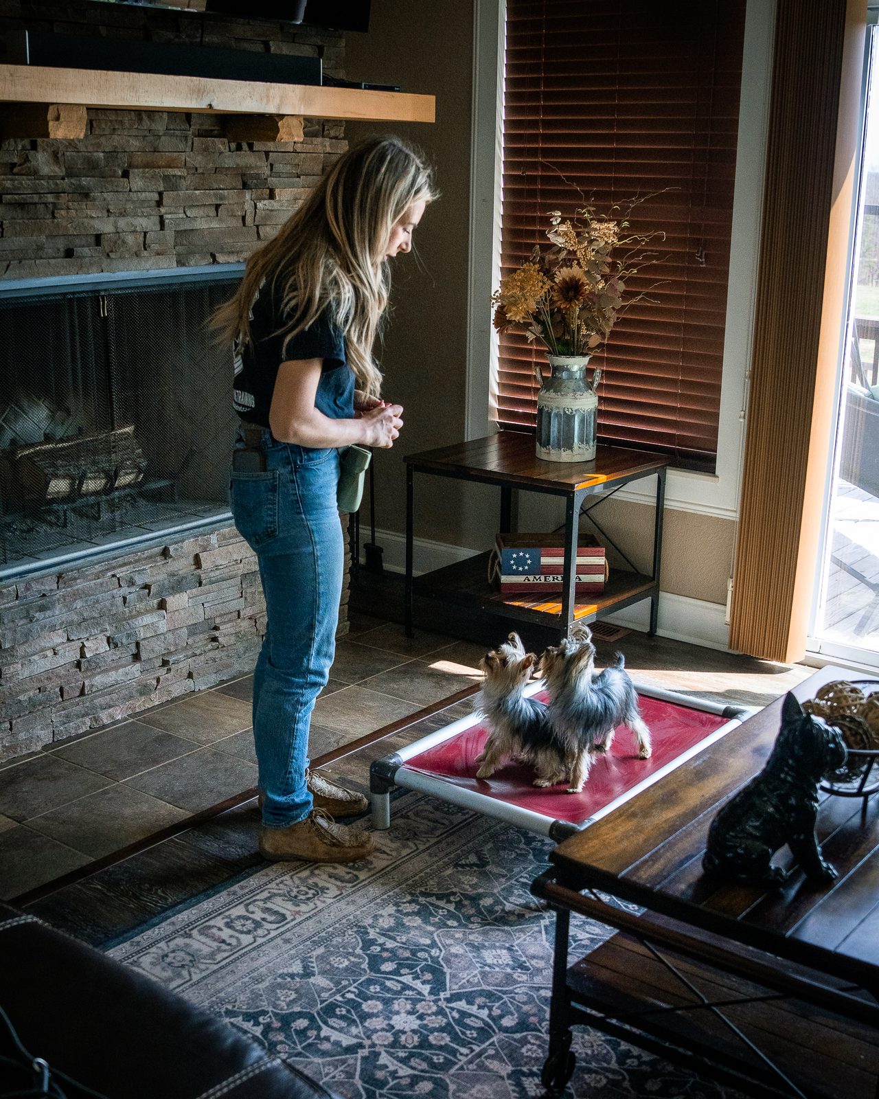 A woman in a living room beside two small terriers on a raised bed